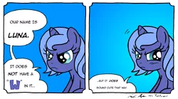 Size: 2535x1409 | Tagged: angry, artist:redapropos, blushing, comic, derpibooru import, female, filly, princess luna, safe, tsundere, tsunderuna, unamused, woona, younger