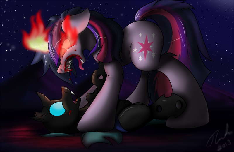 Size: 1000x653 | Tagged: angry, artist:jinyaranda, blood, changeling, corrupted, corrupted twilight sparkle, dark, derpibooru import, fight, glowing eyes, grimdark, horn on fire, magic, on top, sombra eyes, twilight sparkle, vampire