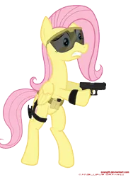 Size: 3000x4000 | Tagged: safe, artist:orang111, derpibooru import, fluttershy, pegasus, pony, absurd resolution, bipedal, frightened, glock, goggles, gun, handgun, military, pistol, scared, simple background, solo, tactical school, transparent background, vector, weapon