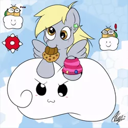 Size: 800x800 | Tagged: artist needed, safe, derpibooru import, derpy hooves, pegasus, pony, cloud, cloudy, crossover, cute, female, food, lakitu, mare, mario, muffin, nintendo, spiny egg, super mario bros.