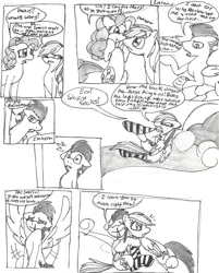 Size: 1672x2076 | Tagged: suggestive, artist:kerorolover16, derpibooru import, pinkie pie, rainbow dash, soarin', blood, clothes, comic, female, hug, male, monochrome, nosebleed, shipping, soarindash, socks, spread wings, straight, striped socks, traditional art, wingboner, wings