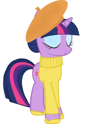 Size: 1197x1641 | Tagged: artist:cool77778, beret, clothes, derpibooru import, hat, safe, simple background, solo, sweater, transparent background, twilight sparkle, vector