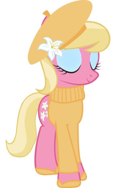 Size: 1000x1641 | Tagged: safe, artist:cool77778, derpibooru import, lily, lily valley, earth pony, pony, beret, clothes, eyes closed, flower, flower in hair, hat, lily (flower), simple background, solo, sweater, transparent background, vector