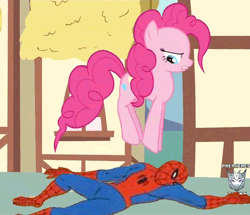 Size: 750x644 | Tagged: 60s spider-man, angry, animated, artist:sersys, derpibooru import, frown, glare, gritted teeth, hopping, jumping, meme, pinkie pie, pronking, safe, spider-man, stomping