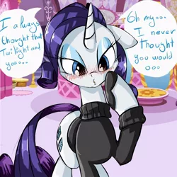 Size: 800x800 | Tagged: artist:cladz, artist needed, ask, ask mademoiselle rarity, blushing, clothes, derpibooru import, implied shipping, rarity, safe, solo, sweater, tumblr