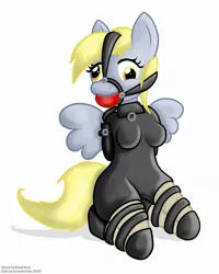 Size: 2000x2500 | Tagged: anthro, artist:fortum-flame, artist:greaterlimit, ballgag, belts, blushing, bondage, breasts, catsuit, derpibooru import, derpy hooves, female, gag, harness, knee tied, simple background, solo, suggestive, tack, tights, unguligrade anthro, white background