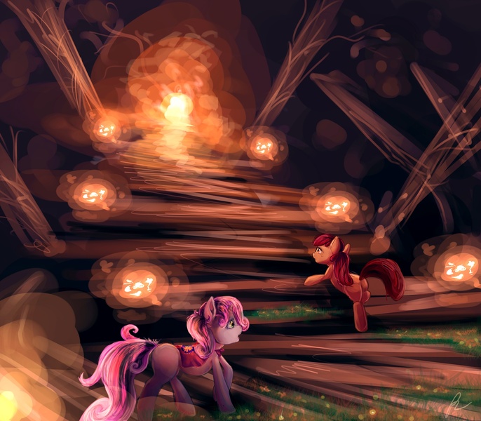 Size: 2400x2100 | Tagged: safe, artist:72-hours-remain, derpibooru import, apple bloom, sweetie belle, earth pony, pony, unicorn, cavern, duo, everfree forest, female, filly, glowing light, lens flare