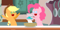 Size: 600x300 | Tagged: source needed, useless source url, safe, derpibooru import, edit, applejack, pinkie pie, earth pony, pony, animated, baking, bowl, cocaine, cooking, drugs, duo, happy, hat, open mouth, pointy ponies, this will end in tears and/or breakfast