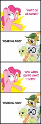 Size: 800x2370 | Tagged: safe, derpibooru import, apple strudel, granny smith, mr. waddle, pinkie pie, earth pony, pony, apple family member, clerical collar, comic, elderly, female, glasses, hat, hyperbole and a half, joke, liver spots, male, mare, silly, simple background, stallion, white background