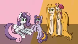 Size: 1280x720 | Tagged: safe, artist:scramjet747, derpibooru import, sweetie belle, oc, oc:energy, oc:harmony, oc:unity, pony, robot, robot pony, unicorn, bipedal, cute, cutie mark, female, filly, floppy ears, foal, future sweetie bot, hooves, horn, lying down, magical lesbian spawn, mare, offspring, older, open mouth, parent:oc:energy, parent:sweetie belle, parent:sweetie bot, parents:canon x oc, scientific lesbian spawn, solo, standing, sweetie bot, teeth