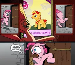 Size: 945x821 | Tagged: safe, derpibooru import, pinkie pie, sunset shimmer, pony, comic, exploitable meme, gameloft, meme, obligatory pony, surprise door