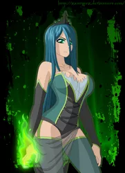 Size: 1300x1800 | Tagged: suggestive, artist:zantyarz, derpibooru import, queen chrysalis, human, breasts, busty queen chrysalis, cleavage, female, fire, green fire, humanized, reversalis, solo, solo female