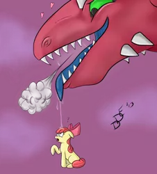 Size: 692x766 | Tagged: suggestive, artist:plinko, derpibooru import, apple bloom, oc, oc:lucy the dragon, dragon, dragons eating horses, drool, heart, imminent vore, kitchen eyes, tongue out