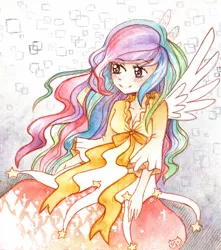 Size: 2166x2455 | Tagged: artist:silkencat, colored pencil drawing, derpibooru import, human, humanized, princess celestia, safe, solo, traditional art, watercolor painting