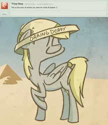 Size: 800x927 | Tagged: artist:foxy-noxy, derpibooru import, derpy hooves, desert, egypt, hat, pith helmet, pyramid, safe, sand, smiling, solo, text
