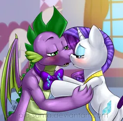 Size: 1000x987 | Tagged: safe, artist:pia-sama, derpibooru import, rarity, spike, dragon, pony, blushing, bowtie, dragon on pony action, female, imminent kissing, interspecies, kissing, male, older, ribbon, shipping, sparity, straight, winged spike