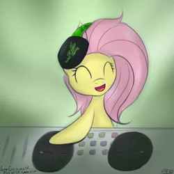 Size: 900x900 | Tagged: artist:freefracornerofsillyness, artist:freefraq, derpibooru import, fluttershy, headphones, party soft, safe, solo, turntable