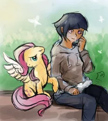 Size: 1580x1768 | Tagged: artist:vampirechicken, artist:vcdabbird, crossover, derpibooru import, floppy ears, fluttershy, human, hyuuga hinata, looking at you, naruto, raised hoof, safe, shy, sitting, smiling, spread wings, wings