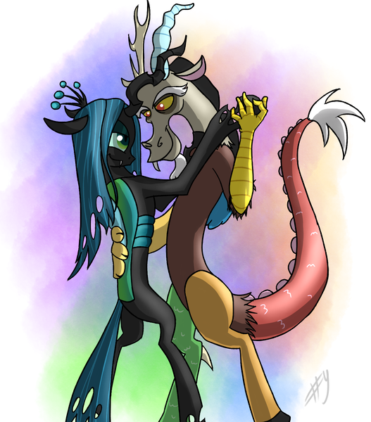 Size: 1405x1600 | Tagged: artist:sharpy, dancing, derpibooru import, discolis, discord, female, male, queen chrysalis, safe, shipping, straight