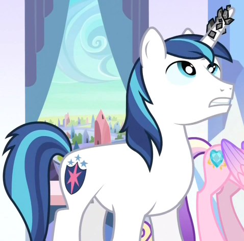 Size: 478x473 | Tagged: cropped, crystal empire, derpibooru import, horn, horn crystals, magic suppression, princess cadance, safe, screencap, shining armor, the crystal empire