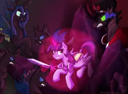 Size: 2729x2024 | Tagged: safe, artist:blackswhites, derpibooru import, king sombra, queen chrysalis, twilight sparkle, twilight sparkle (alicorn), alicorn, changeling, pony, female, fight, force field, magic, mare, sword, weapon