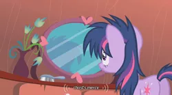 Size: 640x355 | Tagged: safe, derpibooru import, edit, edited screencap, screencap, twilight sparkle, pony, bridle gossip, bed mane, butt, caption, female, jesus christ, mare, meme, mirror, morning ponies, plot, solo, youtube caption