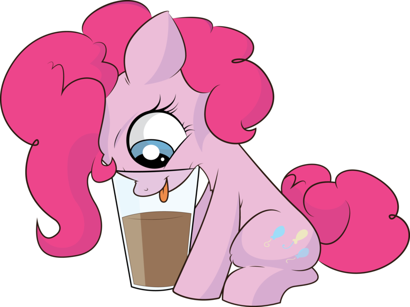 Size: 2800x2097 | Tagged: safe, artist:atryl, derpibooru import, pinkie pie, earth pony, pony, :p, behaving like a cat, chocolate, chocolate milk, cup, cute, diapinkes, drink, eyes on the prize, female, filly, filly pinkie pie, floppy ears, food, glass, horse problems, mare, milk, open mouth, silly, silly pony, simple background, sitting, smiling, solo, stuck, tongue out, transparent background, vector, younger