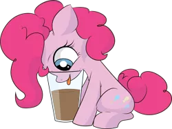 Size: 2800x2097 | Tagged: safe, artist:atryl, derpibooru import, pinkie pie, earth pony, pony, :p, behaving like a cat, chocolate, chocolate milk, cup, cute, diapinkes, drink, eyes on the prize, female, filly, filly pinkie pie, floppy ears, food, glass, horse problems, mare, milk, open mouth, silly, silly pony, simple background, sitting, smiling, solo, stuck, tongue out, transparent background, vector, younger