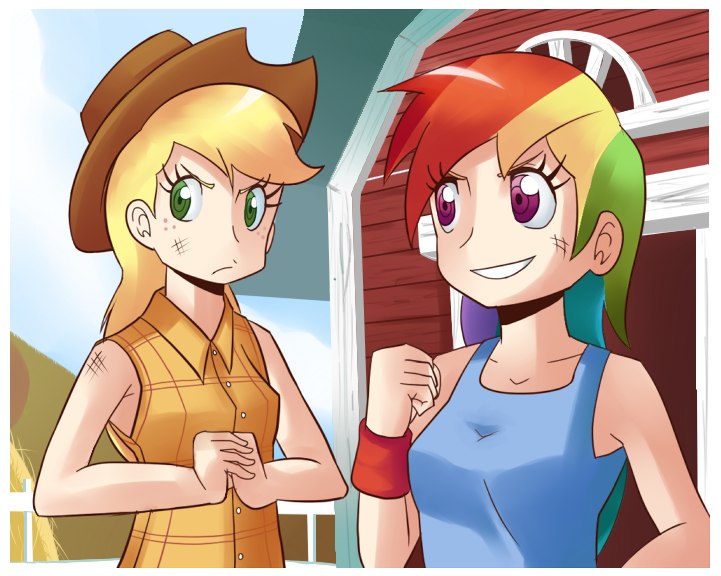 Size: 721x576 | Tagged: applejack, artist:sallymon, derpibooru import, human, humanized, rainbow dash, safe