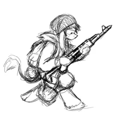 Size: 1280x1280 | Tagged: ak-74, anthro, anthro oc, artist:gordonfreeguy, assault rifle, backpack, derpibooru import, donkey, femdonk, gun, hat, monochrome, oc, reloading, rifle, running, safe, solo, unofficial characters only, weapon
