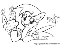 Size: 600x452 | Tagged: safe, artist:jcosneverexisted, derpibooru import, derpy hooves, pegasus, pony, candle, female, food, mare, muffin, solo, traditional art