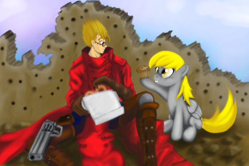 Size: 500x333 | Tagged: artist:rockgirl100000000, crossover, derpibooru import, derpy hooves, food, human, muffin, safe, trigun, vash the stampede