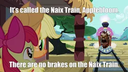 Size: 800x450 | Tagged: apple bloom, applejack, caption, derpibooru import, dota 2, edit, image macro, lifestealer, naix, semi-grimdark, text, train