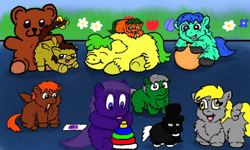 Size: 854x512 | Tagged: artist:coalheart, artist:meh, artist:mr tiggly the wiggly walnut, artist:santanon, artist:skoon, artist:spoons, derpibooru import, fluffyderpy, fluffy pony, safe, teddy bear, wingmastew