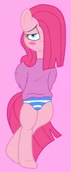 Size: 288x702 | Tagged: suggestive, artist:ramott, artist:thedarknimbus, derpibooru import, pinkie pie, pony, semi-anthro, bedroom eyes, bipedal, blushing, clothes, hoodie, panties, pinkamena diane pie, solo, underwear