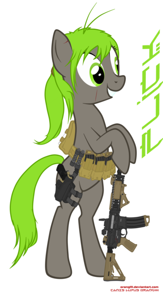 Size: 1831x3289 | Tagged: safe, artist:orang111, derpibooru import, oc, unofficial characters only, earth pony, pony, ar15, bipedal, gun, handgun, magpul, picatinny rail, pistol, ponytail, reflex sight, rifle, scar, smiling, solo, weapon