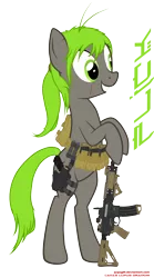 Size: 1831x3289 | Tagged: safe, artist:orang111, derpibooru import, oc, unofficial characters only, earth pony, pony, ar15, bipedal, gun, handgun, magpul, picatinny rail, pistol, ponytail, reflex sight, rifle, scar, smiling, solo, weapon