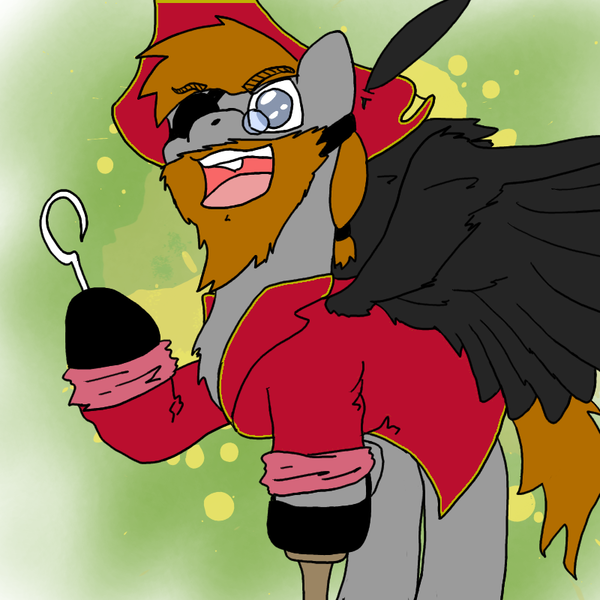 Size: 800x800 | Tagged: safe, artist:horseofpretense, derpibooru import, oc, unofficial characters only, pegasus, pony, amputee, beard, chest fluff, eyepatch, facial hair, hook, male, peg leg, pirate, prosthetic leg, prosthetic limb, prosthetics, solo