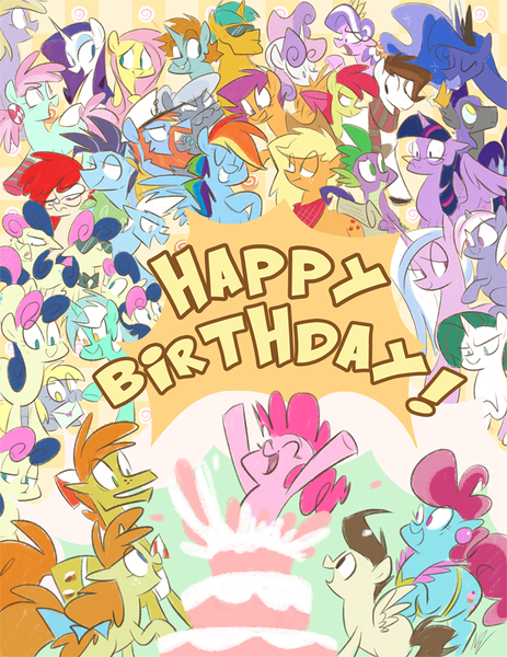 Size: 695x900 | Tagged: safe, artist:egophiliac, derpibooru import, apple bloom, applejack, barnacle, bon bon, carrot cake, cup cake, derpy hooves, diamond tiara, dinky hooves, fluttershy, gusty, lyra heartstrings, milky way (g1), minty, pinkie pie, pipsqueak, pound cake, powder, princess luna, pumpkin cake, rainbow dash, rarity, salty (g1), scootaloo, silver spoon, snails, snips, spike, sweetie belle, sweetie drops, twilight sparkle, twilight sparkle (alicorn), twist, alicorn, earth pony, pegasus, pony, unicorn, slice of pony life, action poster, bandana, birthday, cake, clipper (g1), clothes, cutie mark crusaders, food, g1, g3, happy birthday, letter, mail, mane six, night guard, older, older apple bloom, older diamond tiara, older dinky hooves, older pipsqueak, older pound cake, older pumpkin cake, older scootaloo, older silver spoon, older snails, older snips, older sweetie belle, older twist, pop out cake, royal guard, scarf, sunglasses