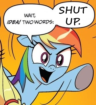 Size: 334x366 | Tagged: derpibooru import, exploitable meme, idw, meme, obligatory pony, rainbow dash, reaction image, safe, shut up, two words meme