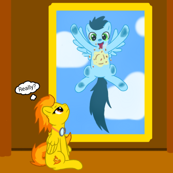 Size: 1000x1000 | Tagged: safe, artist:sky-sketch, derpibooru import, soarin', spitfire, against glass, cute, food, glass, pie, sitting, soarinbetes, that pony sure does love pies, tongue out, window