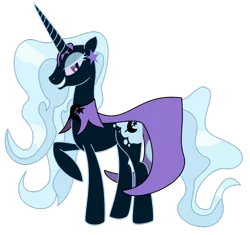 Size: 900x845 | Tagged: dead source, safe, artist:dazed-and-wandering, derpibooru import, idw, trixie, pony, unicorn, corrupted, female, grin, looking at you, mare, nightmare (entity), nightmare trixie, nightmarified, raised hoof, simple background, smiling, solo, transparent background