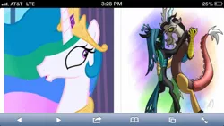 Size: 1136x640 | Tagged: derpibooru, derpibooru import, discord, exploitable meme, ios, iphone, juxtaposition, juxtaposition win, meme, meta, princess celestia, queen chrysalis, safari, safe