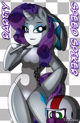 Size: 550x836 | Tagged: anthro, arm hooves, artist:xjkenny, clothes, derpibooru import, leotard, paddock girl, race queen, rarity, safe, speed racer, spike, umbrella, unguligrade anthro