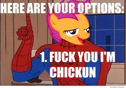 Size: 677x473 | Tagged: 60s spider-man, caption, chickun, derpibooru import, exploitable meme, faic, forced meme, image macro, meme, safe, scootaloo, spider-man, text, vulgar