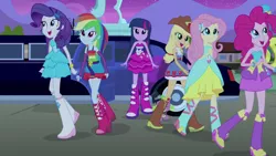 Size: 1280x720 | Tagged: safe, derpibooru import, applejack, fluttershy, pinkie pie, rainbow dash, rarity, spike, twilight sparkle, dog, equestria girls, equestria girls (movie), bare shoulders, boots, bowtie, bracelet, clothes, cowboy boots, cowboy hat, dress, fall formal outfits, hat, high heel boots, jewelry, limousine, mane six, raised leg, shoes, sleeveless, spike the dog, strapless, top hat, twilight ball dress, wings