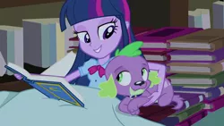 Size: 1280x720 | Tagged: safe, derpibooru import, screencap, spike, twilight sparkle, dog, equestria girls, equestria girls (movie), bed, bedroom eyes, book, female, library, male, spike the dog, spikelove