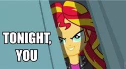 Size: 853x470 | Tagged: safe, derpibooru import, sunset shimmer, equestria girls, equestria girls (movie), caption, evil, evil grin, grin, image macro, shimmer peekaboo, smiling, solo, text, tonight you