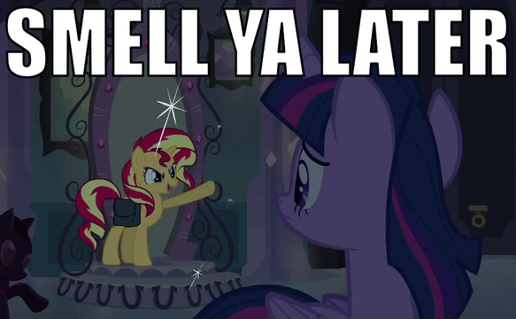 Size: 583x360 | Tagged: safe, derpibooru import, sunset shimmer, twilight sparkle, twilight sparkle (alicorn), alicorn, unicorn, equestria girls, equestria girls (movie), caption, female, image macro, mare, smell ya later, sunset motherfucking shimmer, text