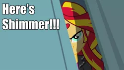 Size: 1280x720 | Tagged: safe, derpibooru import, sunset shimmer, equestria girls, equestria girls (movie), caption, evil, evil grin, grin, here's johnny, image macro, shimmer peekaboo, smiling, solo, text, the shining